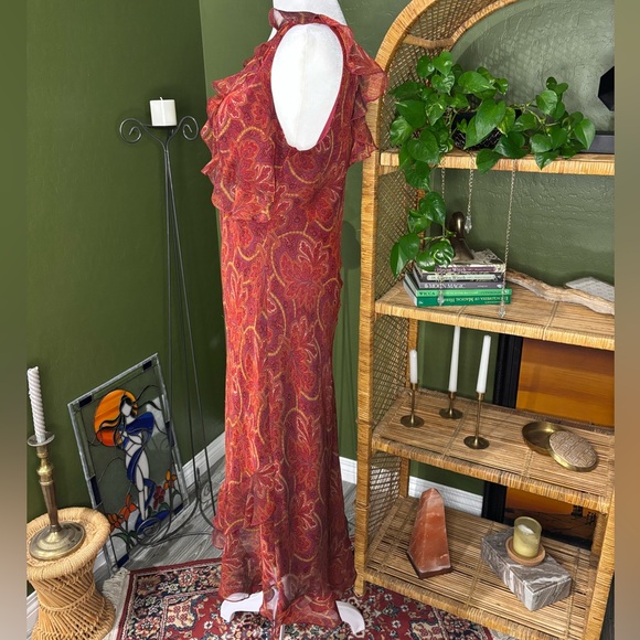 Elegant Paisley Frilly Red Dress Vneck 90s Midi Dress - Picture 2 of 5